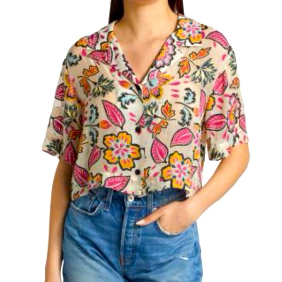 Rag & Bone Shirt Mare Cropped Floral Silk Viscose Button Front Sheer Size S - Picture 1 of 12